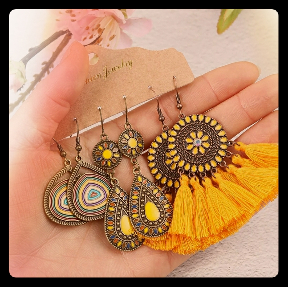 3 Pair Set Bohemian Tribal Tassel Dangle E… - Picture 2 of 7